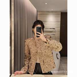 卡其色金色亮片小香风外套女2025春秋季新款高级感粗花呢百搭上衣