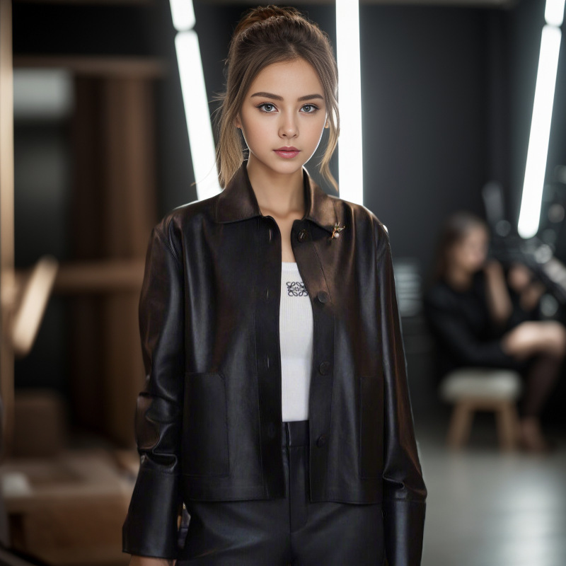 Celebrity-Style Black Pu Leather Long-Sleeve Short Jacket with High-Waisted Straight-Leg Pants, Fashionable Suit for Women, New Spring and Autumn Collection