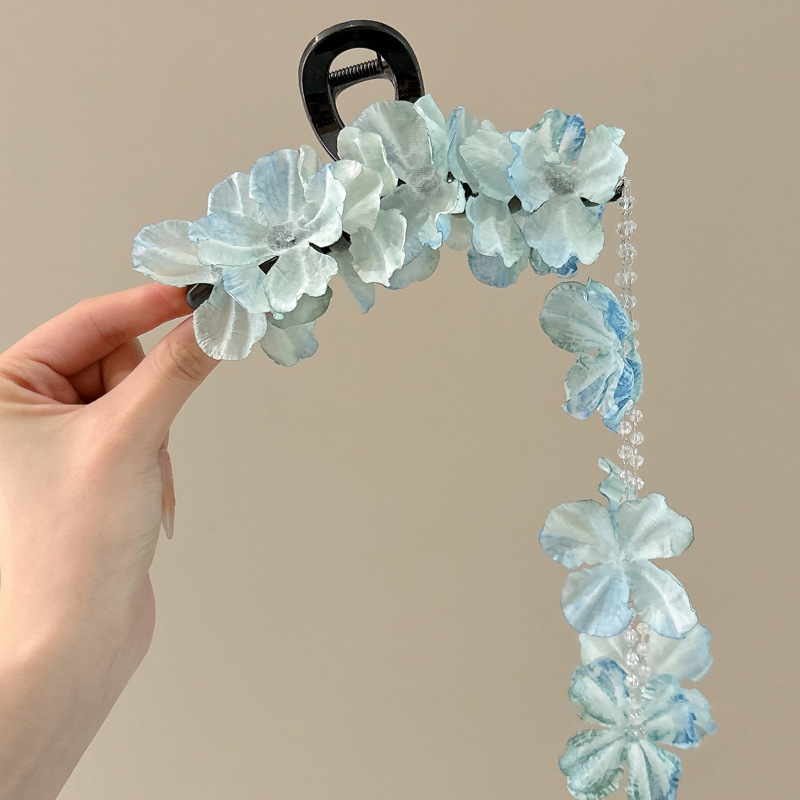 Hortenida azul agarrando clip de cabeza de mujer clip de tiburón floreciente clip de pelo 2025 nuevo tocado de playa