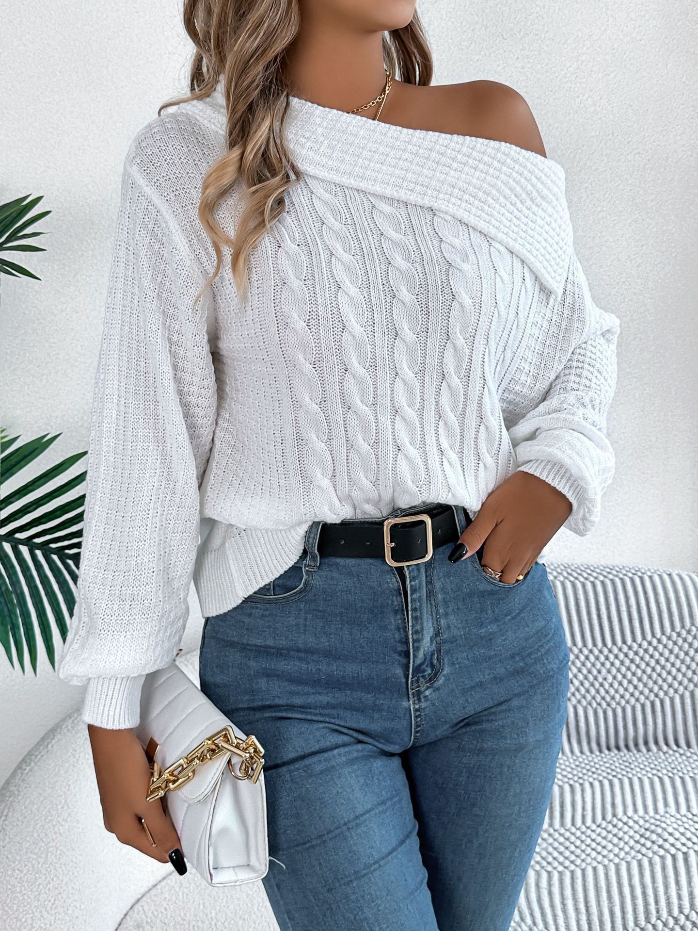 Women's Clothing casual sexy lapel off shoulder twist long sleeved pullover sweater _voghion.com