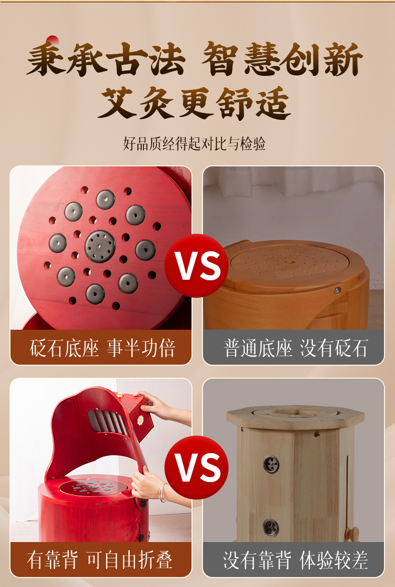 Solid Wood Moxibustion Stool Seat with Moxa Sticks Ash Tray and Tweezers for Home Warm Therapy key features