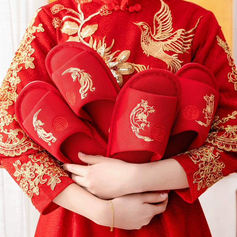 Свадебные тапочки праздничные красные туфли пара дракона и феникса невесты сопровождающие свадебные туфли крытые пары поколение волос