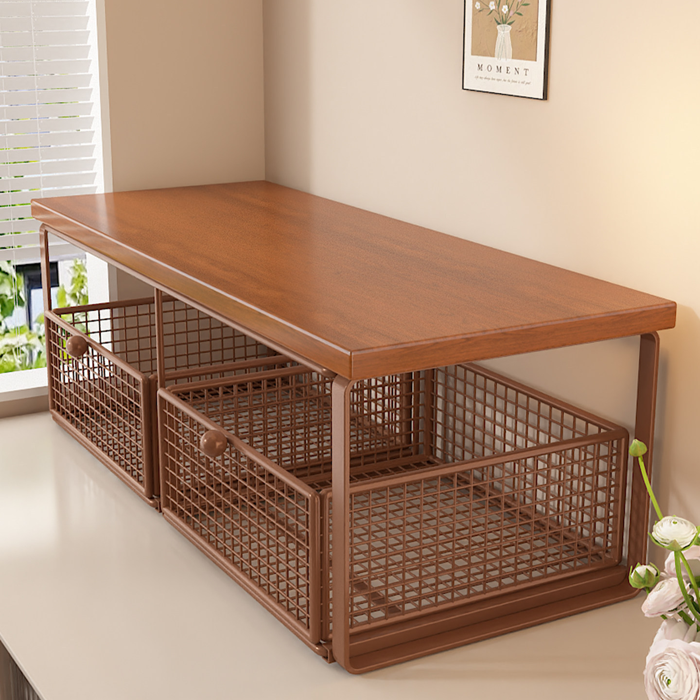 Office double-layer printer iron grid storage rack with drawers for office documents and miscellaneous items, a popular cross-border product