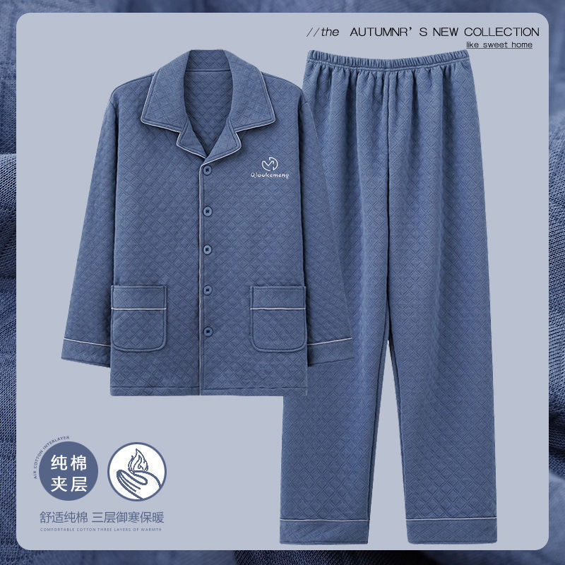 El otoño y el invierno 100% algodón espesado pijamas de los hombres de invierno capa intermediaria traje de primavera y otoño de algodón de aire desgaste del hogar