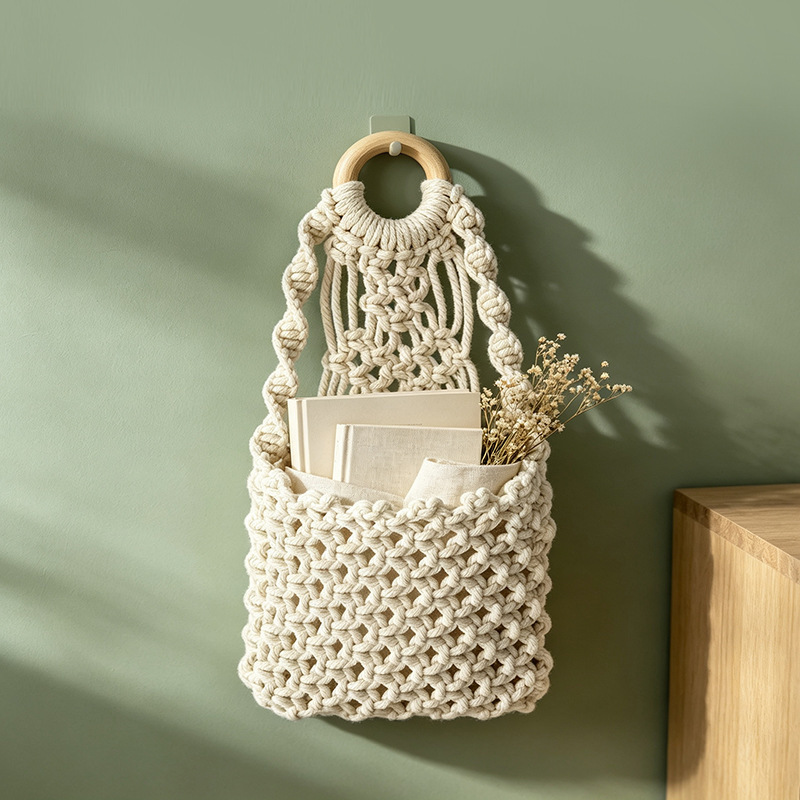 Cross-border cotton rope woven wall-mounted storage net bag with wooden ring, wall-mounted storage bag for bedroom and living room, decorative storage for miscellaneous items