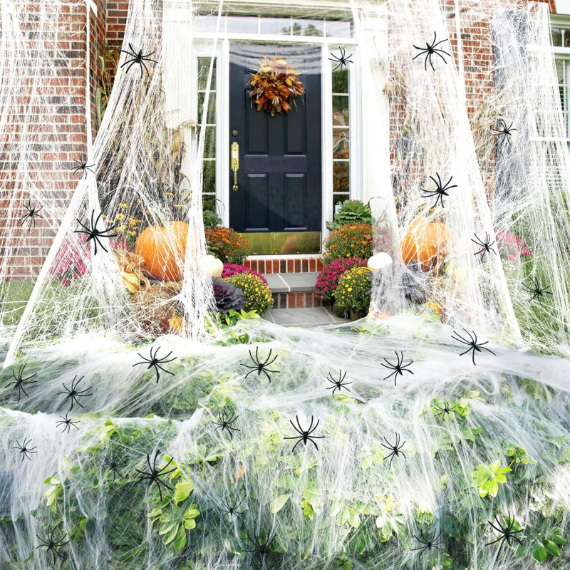 Decoración de Halloween araña algodón araña casa embrujada decoración al aire libre bar atmósfera diseño de tela de araña habitación secreta