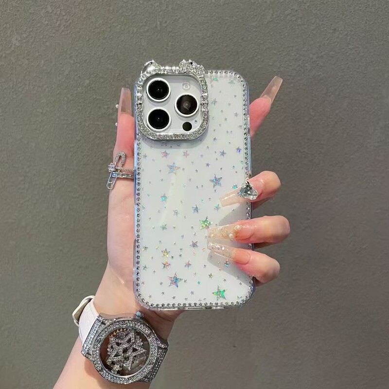 Diamond-Studded Star Cat Ear Phone Case Suitable for iPhone 17 Pro Max, Apple 16, Full-Cover Anti-Drop Protective Case 13