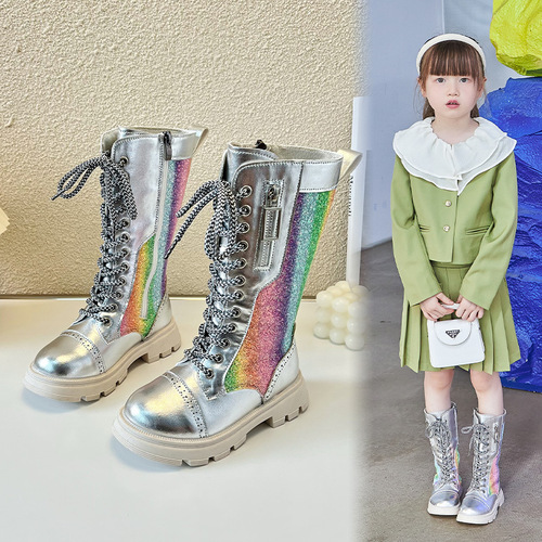 女童靴子2024年秋冬新款儿童高筒靴单靴小女孩彩虹马丁靴七彩长靴