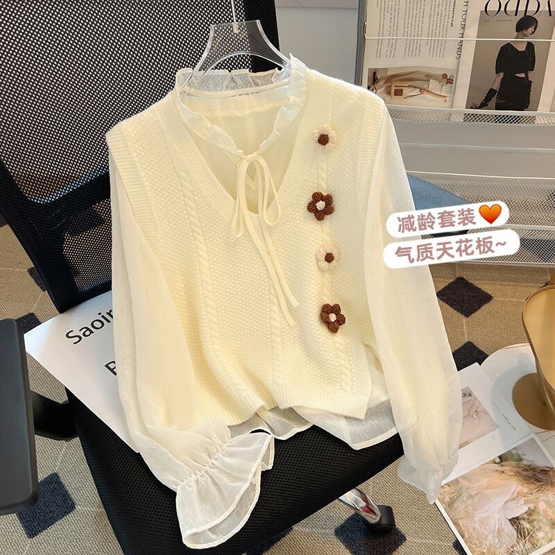 French-style knitted vest paired with chiffon shirt two-piece set for women, new autumn collection, sweet and youthful long-sleeved stylish top