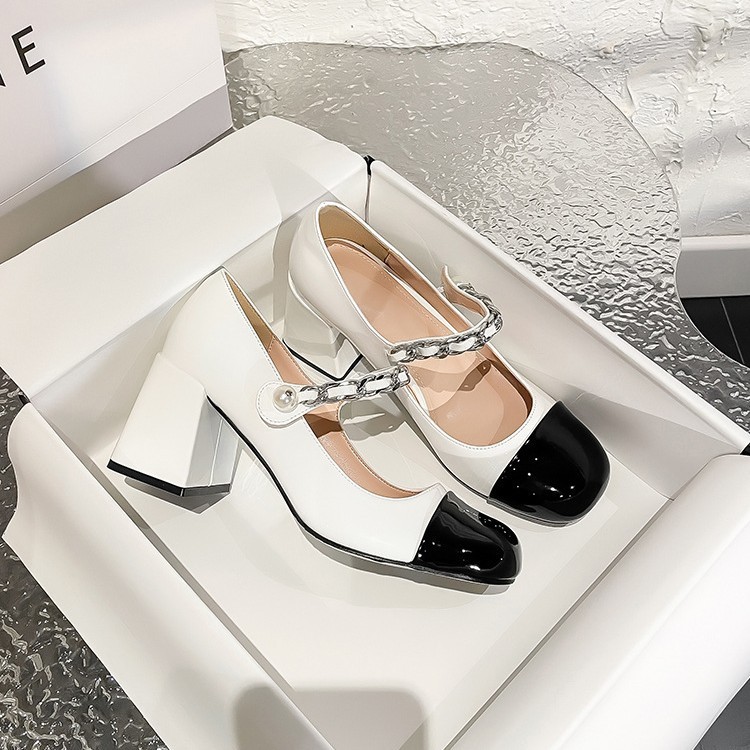 Vintage Mary Jane Shoes Women's French Miu * Square Toe High Heels Fairy Style Small Leather Shoes Pearl Patent Leather Thick Heel Single-layer Shoes Vintage Mary Jane Shoes Women's French Miu * Square Toe High Heels Fairy Style Small Leather Shoes Pearl Patent Leather Thick Heel Single-layer Shoes