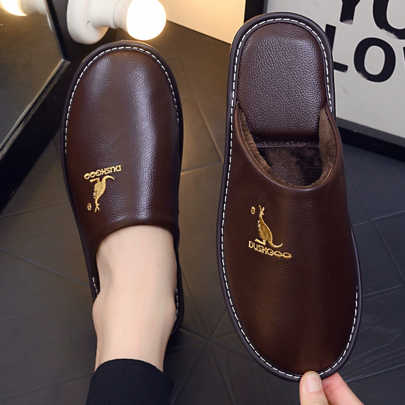 Кожаные домашние хлопчатобумажные тапочки мужские осенние и зимние дома в помещении водонепроницаемые нескользящие и толстые подошвы пара кожаные тапочки женские зимой