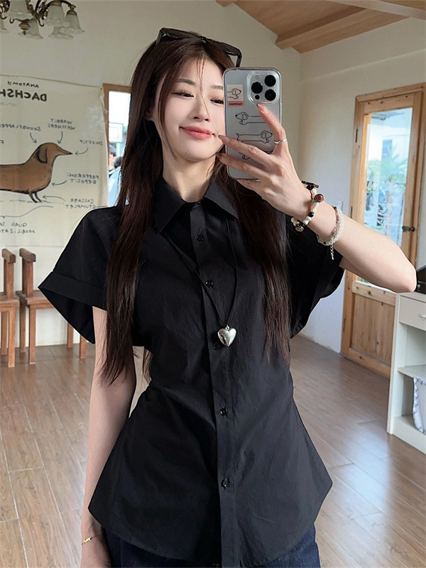 白色短袖POLO领衬衫女装夏季设计感收腰显瘦衬衣简约百搭开衫上衣|undefined