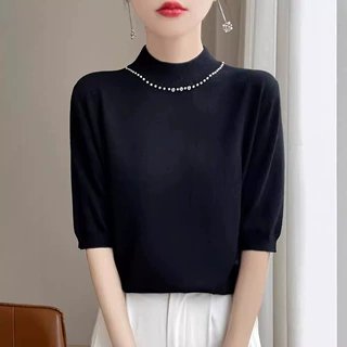 轻奢针织半高领中袖打底衫女秋季新款洋气内搭五分袖上衣针织批发