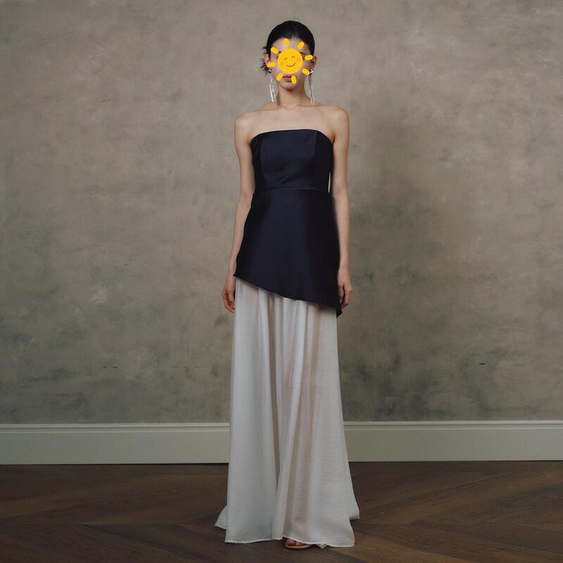 French-Style Mini Dress Cross-Border 2026 New Winter Hepburn-Style Strapless Contrasting Color Splicing Birthday Party Evening Dress