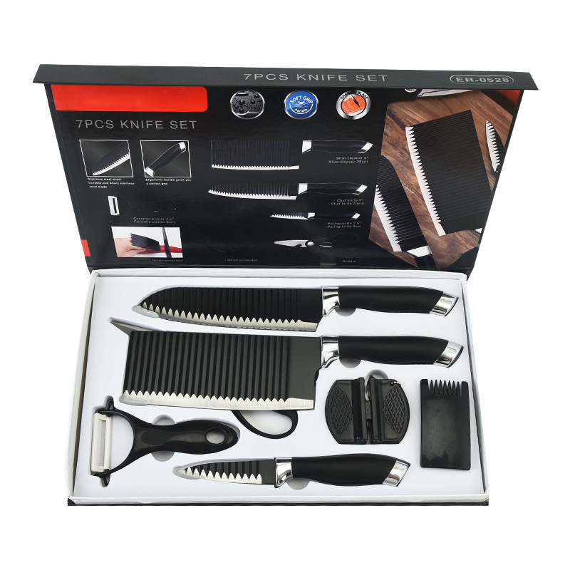 Mayorista ondulado doble cabeza galvanizada cuchillo de cocina grande cuchillo de cocina de siete piezas conjunto de cuchillos de acero inoxidable hogar