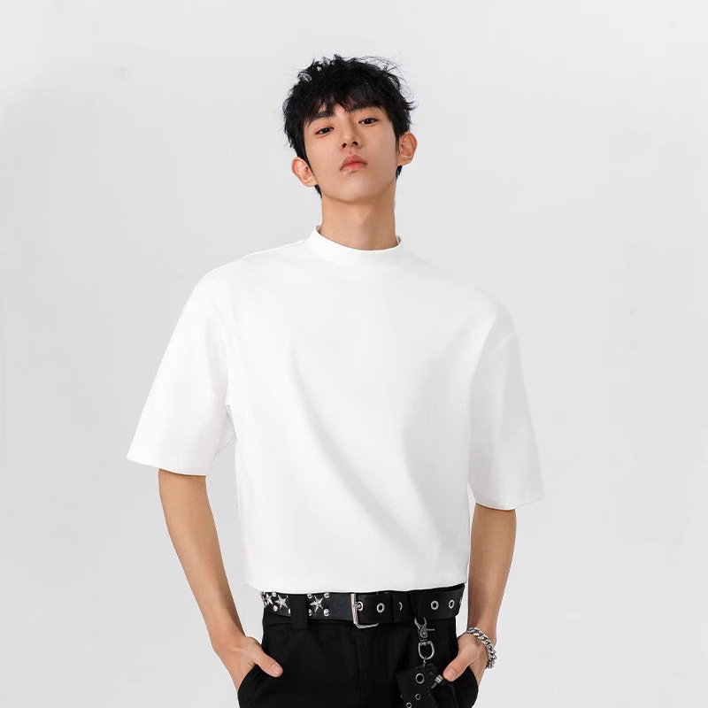 하프 터틀넥 퓨어 화이트 반팔 티셔츠 남성 여름 신작 루즈한 반팔 의류 트렌디 브랜드 헤비 베이스 셔츠