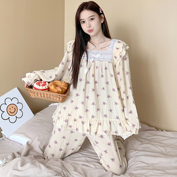 Estilo coreano Chanel estilo pijamas de las mujeres tejido crepe encaje algodón manga larga Otoño e Invierno dulce desgaste del hogar traje