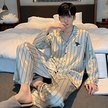 男士睡衣春秋款冰丝长袖条纹加肥加大码薄款夏天家居服丝绸套装冬