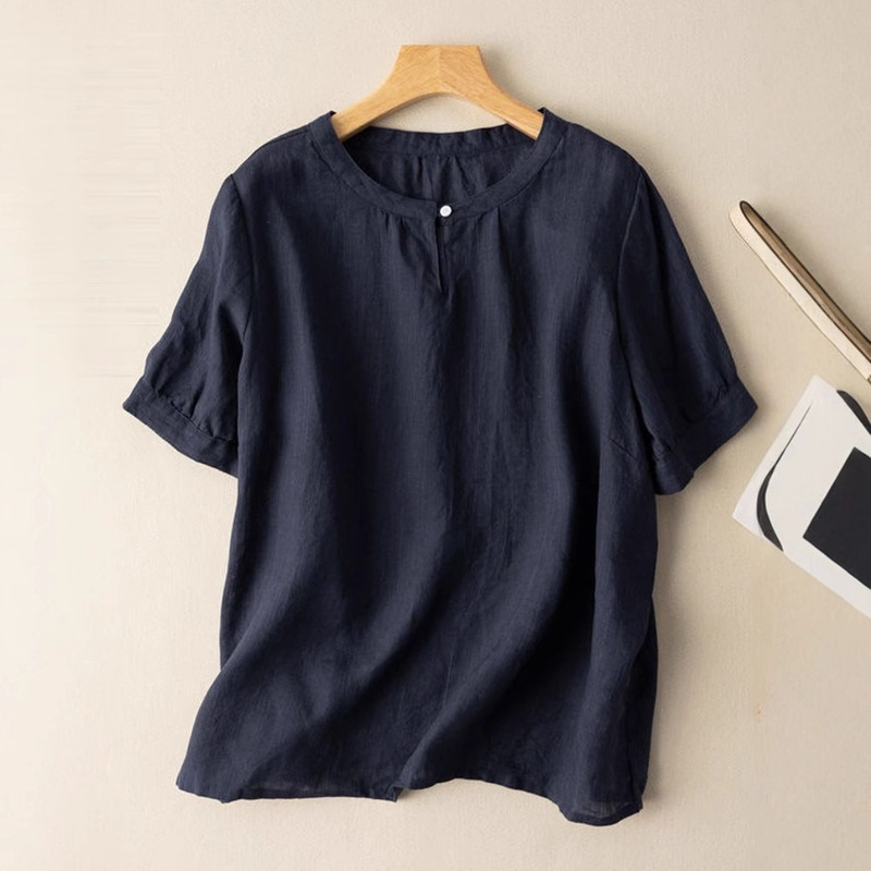 Artistic plus size Casual Cotton Short-sleeved Shirt Women's Summer Solid Color All-match Loose Slimming Design Round Neck Top
