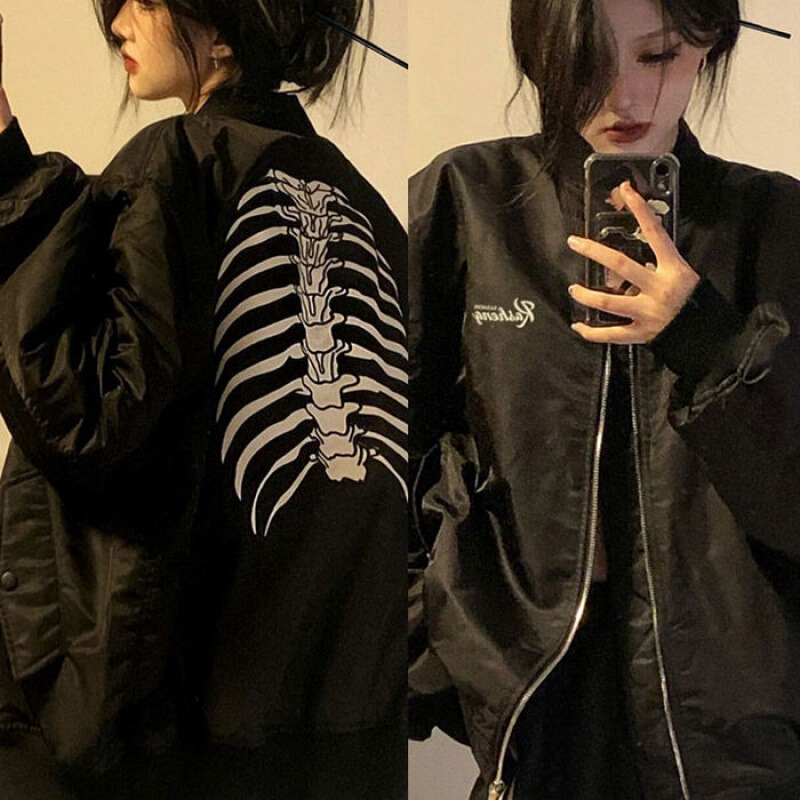 Couple's Flying Suit Skeleton Profile Jacket Women's Dark Style All-match 2022 Spring New Loose Motorcycle Jacket