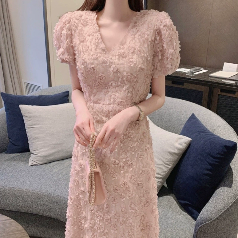 Корейское шикарное милое женственное элегантное стерео кружевное длинное платье с v-образным вырезом на талии и пышными рукавами