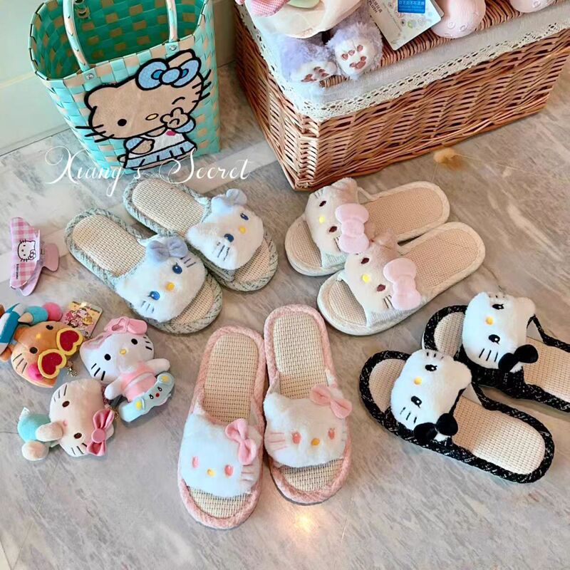 Japanese-Style Cute Linen Kitty Fabric Breathable Sweat-Absorbing Non-Slip Slippers for Home Use