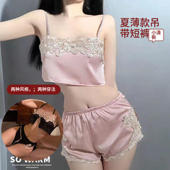 Lingerie for women, sexy sleepwear, romantic underwear, hot see-through lace silk spaghetti strap sleep dresses, high-waisted buttock-revealing shorts