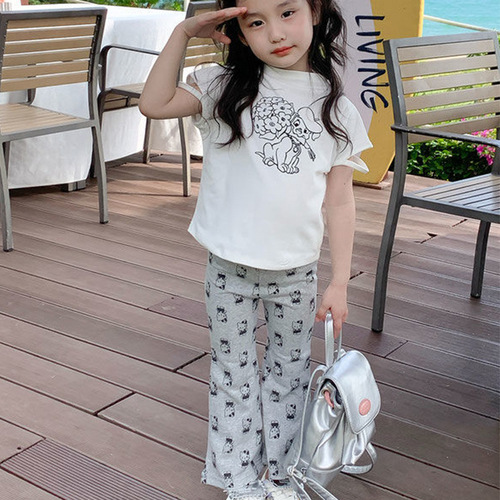 Fashionable cartoon bell-bottom pants for little girls, summer ice silk thin model, trendy and versatile casual pants for girls, wholesale