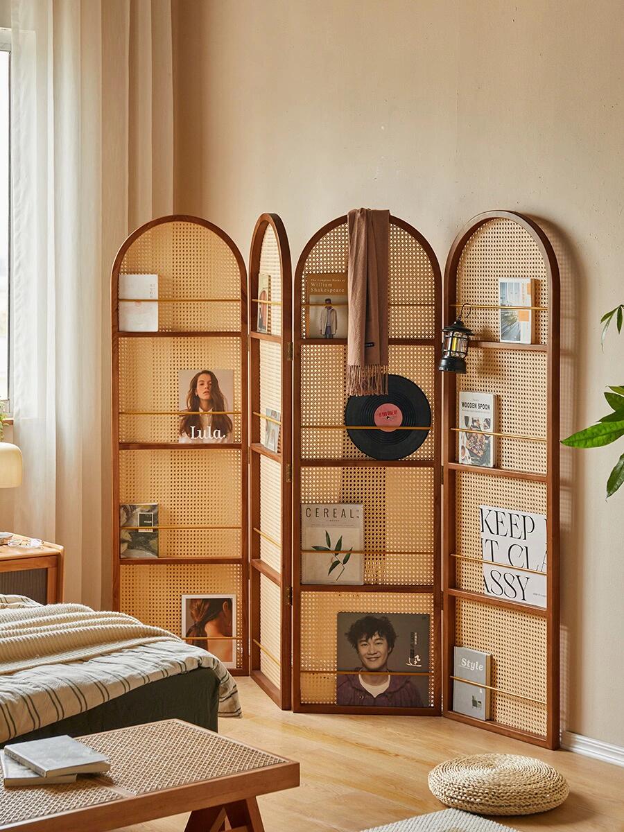 Medieval Screen Partition Living Room Bedroom Home Solid Wood Mobile Storage Shelf French Japanese Retro Folding Bookshelf