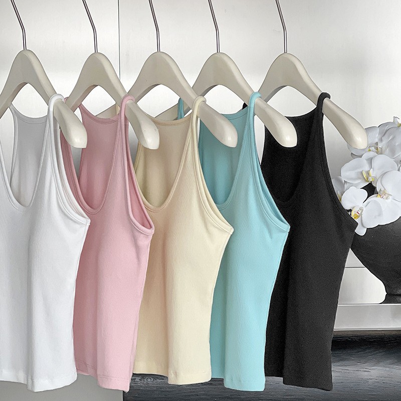 新款春夏马卡龙色系甜美工字美背吊带背心带胸垫修身百搭裹胸抹胸