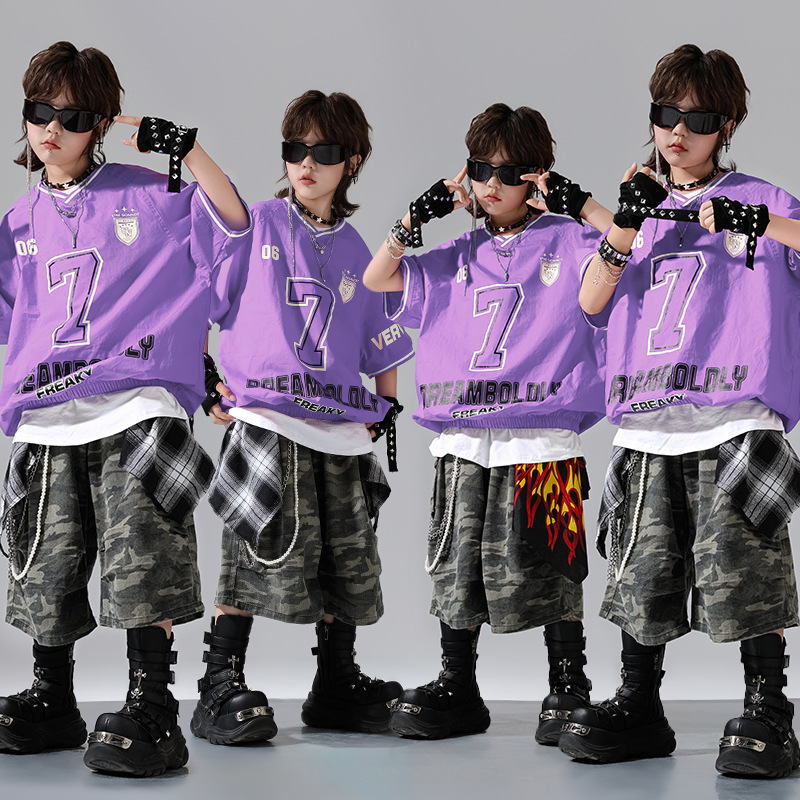 Street dance fashion performance costumes for children, hip-hop style, loose-fitting drum set for boys, jazz dance outfits for girls.