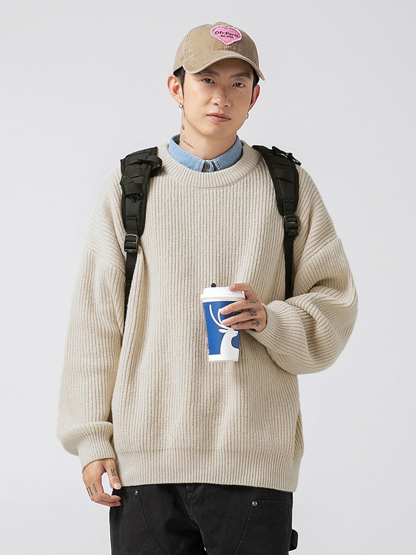 Heavyweight Coarse-Knit Ribbed Texture Sweater for Men, Basic Solid Color Loose Round-Neck Knitwear for Autumn and Winter Heavyweight Coarse-Knit Ribbed Texture Sweater for Men, Basic Solid Color Loose Round-Neck Knitwear for Autumn and Winter