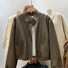 韩系立领加绒毛内胆皮衣外套女冬帅气抽绳收腰机车服加厚保暖夹克