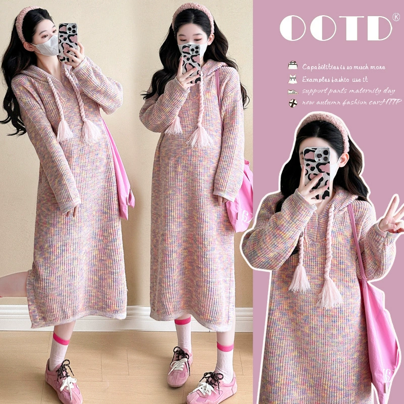 Беременная мама носит одежду для беременных осенью и зимой