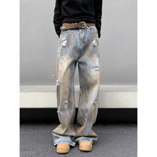 y2k美式复古废土风牛仔裤街头水洗做旧直筒阔腿裤宽松男女款裤子-阿里巴巴