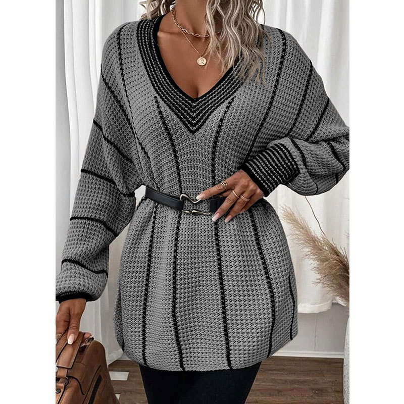 Europa y Estados Unidos transfronterizos Amazon otoño y invierno nuevo cuello en V vertical suéter suelto ropa de mujer Aliexpress moda jersey superior image 4