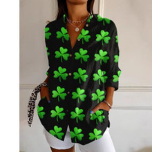 亚马逊春季三叶草3D数码印花宽松大码长袖气质女士衬衫上衣201