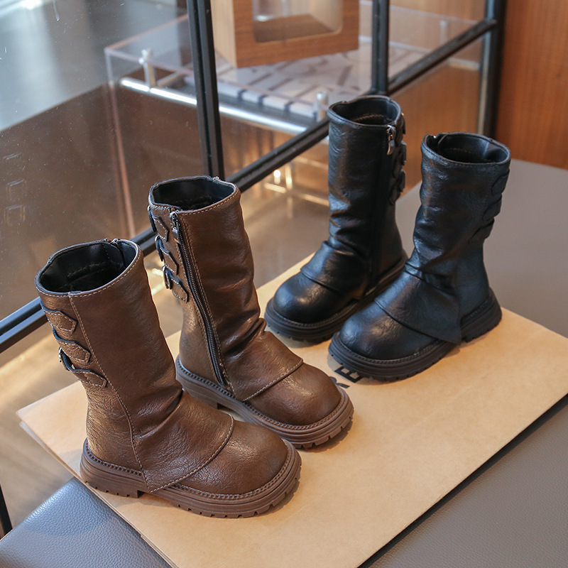 Children's Pile Shoes, Girls' Plus Suede Leather Boots, 2025 Autumn and Winter New British Style High-Top Boots, Soft-Soled Boots