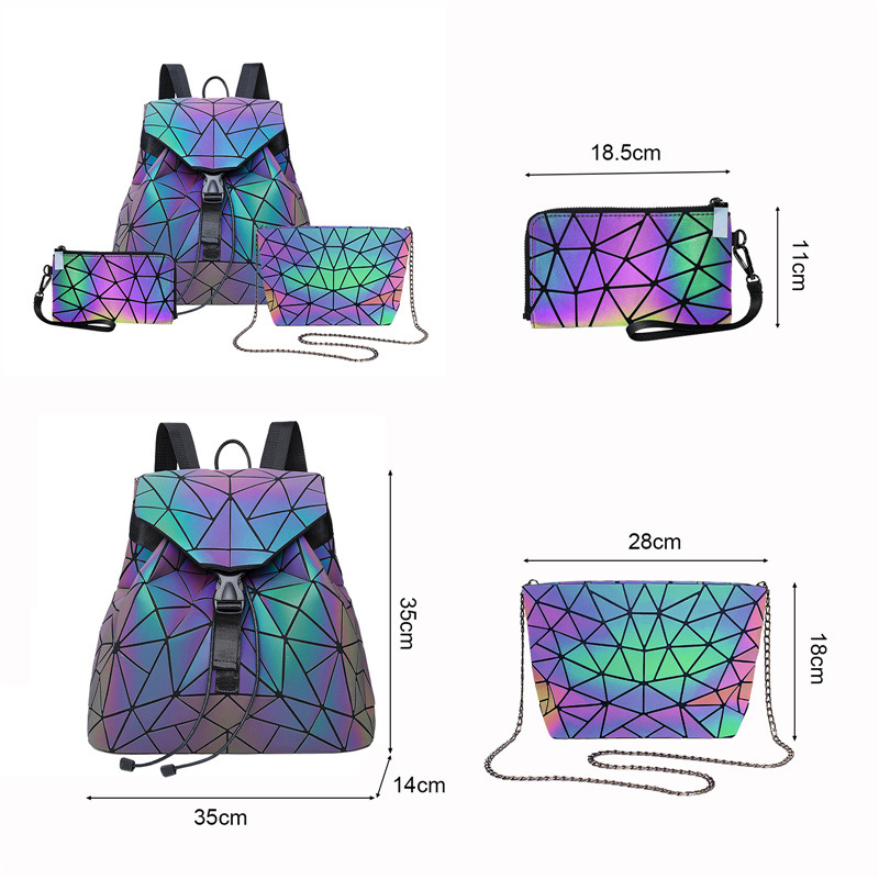 Dreiteiliger leuchtender, faltbarer, reflektierender geometrischer Rucksack mit Diamantgitter, bunt_voghion.com