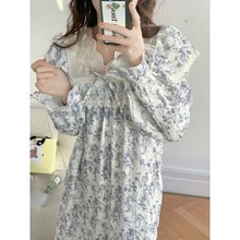 实拍2025春季睡衣女韩版水墨青花瓷飞飞袖睡裙外穿宽松长袖家居服