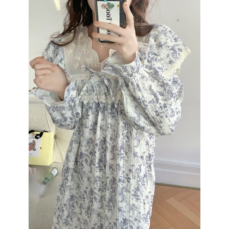 实拍2025春季睡衣女韩版水墨青花瓷飞飞袖睡裙外穿宽松长袖家居服