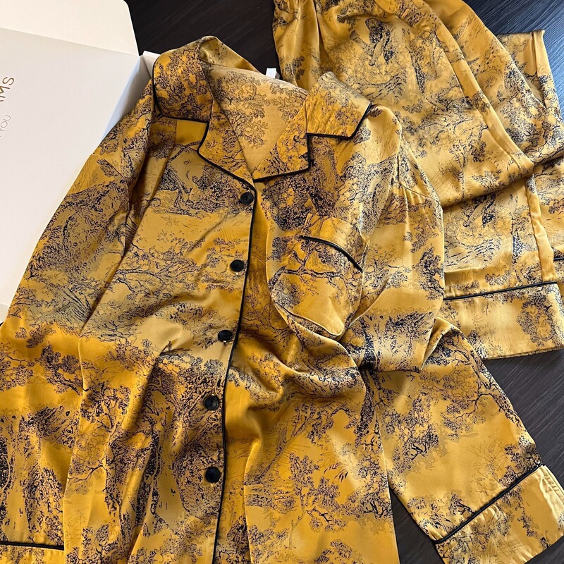 Brown Ink Painting Style Pajamas for Women, Ice Silk, New Spring and Autumn Collection, High-End Luxury, Sweet and Elegant Court-Style Loungewear Set