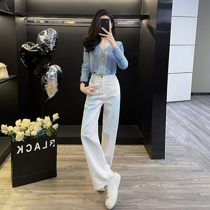 Fashion suit Fried Street Age-reducing Shiny Knitted Top Jeans Early Autumn New Wide Leg Pants Two-piece Set for Women