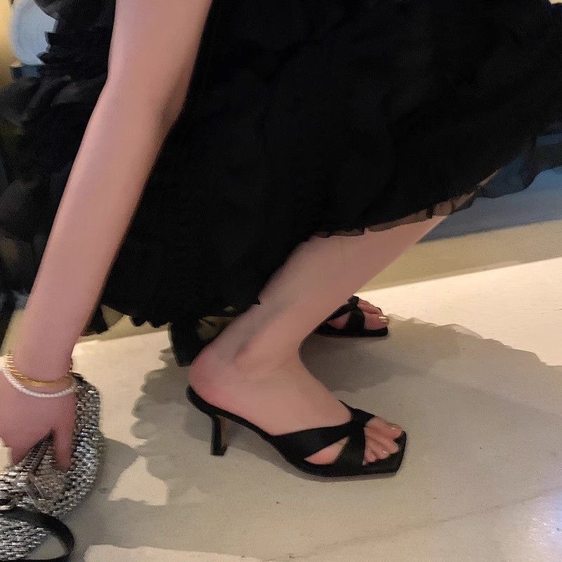 Mint Mambo Pumps 2024 Summer New Retro Open Toe Square Toe Stiletto French Flip Toe Sandals