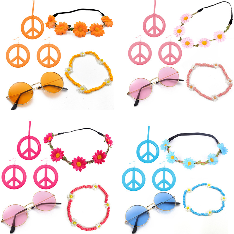 Hippie vestir accesorios paz símbolo Halloween fiesta pendientes coloridos fiesta collar traje hippie diadema