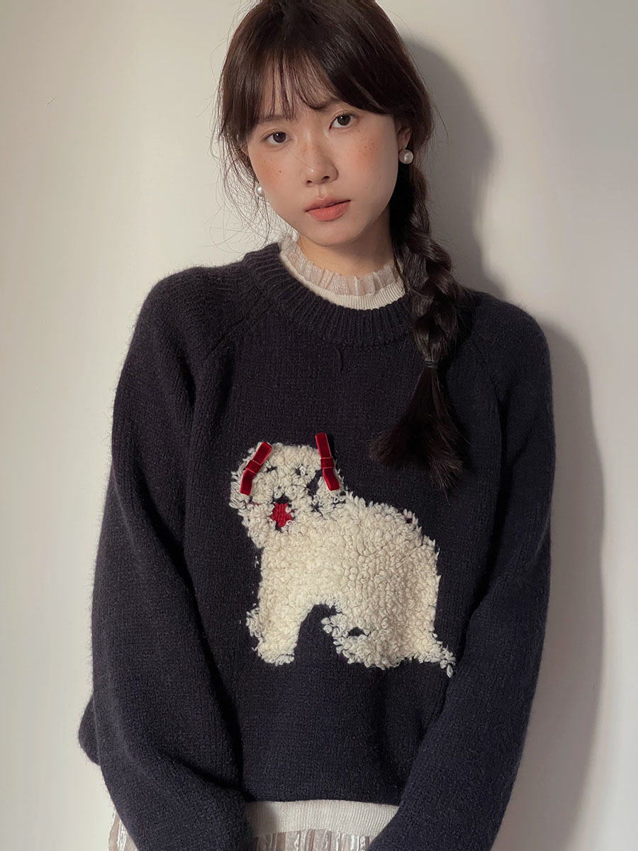 【ENFPぬいぐるみ犬】歌明韓国風立体リボンセーター冬ニットトップス女性用J281B