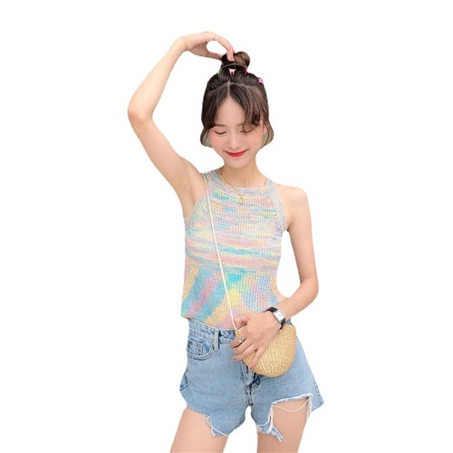 South East Asia Tie-Dye Colorful Neckless Tank Top for Women  Summer Korean Version Fitted Slimming Retro Knit Sleeveless Top