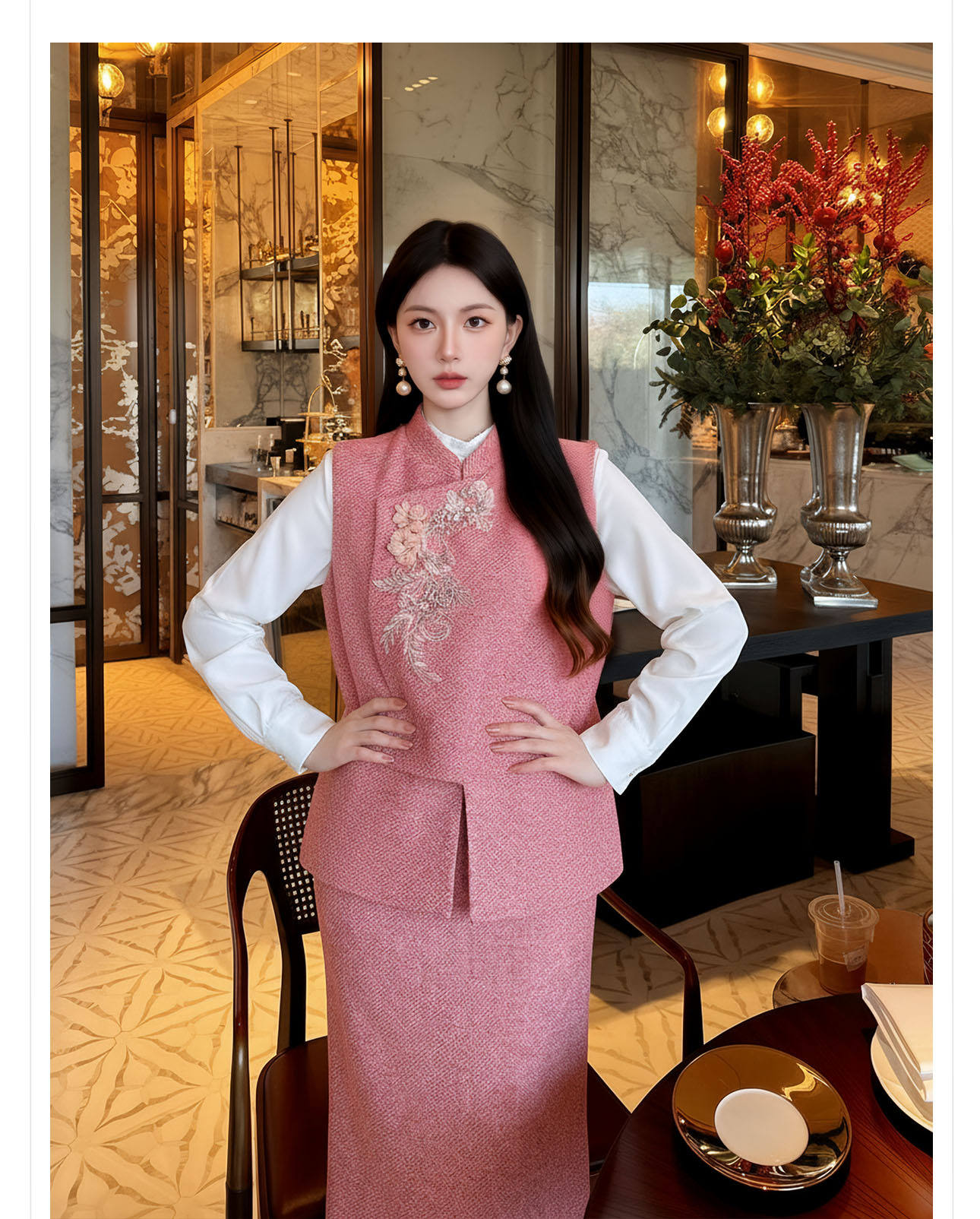 Bộ áo gile không tay và chân váy midi tân cổ điển đính cườm sang trọng — nửa váy, Trang chủ chi tiết 5