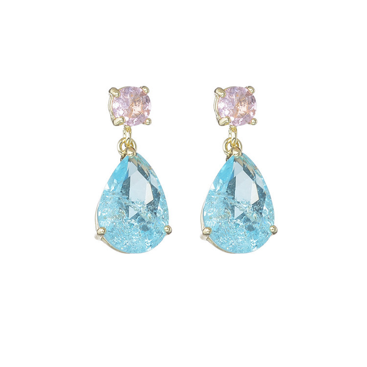 K-Style of the New Explosive Light Sea Blue Pink Crystal Inlaid Women's Sweet Elegant Simple Ice Crackle Water Drop Earrings