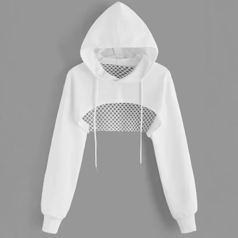 European and American Hooded Mesh Hollow T-Shirt Women's Summer New Style Spice Girls European and American Style Long Sleeve Thin Short High Waist Top European and American Hooded Mesh Hollow T-Shirt Women's Summer New Style Spice Girls European and American Style Long Sleeve Thin Short High Waist Top